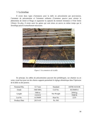 58
3.2 Le ferraillage
Il existe deux types d’armatures pour la dalle en précontrainte par post-tension,
l’armature de précontrainte et l’armature ordinaire (l’armature passive pour résister le
phénomène de retrait et fluage et augmenter la capacité du moment résistance à l’Etat limite
Ultime). En plus, il existe aussi les gaines qui sont mises en œuvre en même temps que le
ferraillage passif éventuellement nécessaire.
Figure 3: les armatures de la dalle
En principe, les câbles de précontraintes peuvent être préfabriqués, sur chantier ou en
usine, avant leur pose sur des chaises supports permettant le réglage altimétrique dans l’épaisseur
de la dalle ou des poutres.
Nominal Dia. 12.7 mm Standard ASTM A416-06
Grade 1860 MPa Coil No. B130489-4
Lenght
3480 m
Net Weight
2694 kg
11414 ft 5940 lb
Lot No. A130489 Heat No. 2235
Produce Date 2013-4-9 Po. NO
 