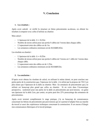 62
V. Conclusion
1. Les résultats :
Après avoir calculé et vérifié la structure en béton précontrainte au-dessus, on obtient les
résultats à comparer avec celles d’utilisée au chantier.
Mon calcul :
- L’épaisseur de la dalle
- Nombre de torons utilisé pour une portée 8 câbles de 5 torons dans chaque câble.
- L’espacement entre des câbles est de 1m.
- Les armatures ordinaires minimum est de .
Les résultats au chantier :
- L’épaisseur de la dalle
- Nombre de torons utilisé pour une portée 6 câbles de 5 torons est 1 câble de 3 torons dans
chaque câble.
- L’espacement entre des câbles est de 1.25m.
- Les armatures ordinaires minimum est de .
2. La conclusion :
D’après avoir obtenu les résultats de calcul, en utilisant le même donné, on peut conclure une
petite partie de la construction que, l’épaisseur de la dalle j’ai utilisé par la propose de l’EC2 est
plus mines que l’épaisseur de la dalle au chantier. Mais les armatures de précontrainte que j’ai
utilisée est beaucoup plus grand que celles au chantier. Si on voire dans l’économique
perspective, seulement pour une partie de la dalle en précontrainte par post-tension, on gaine
une épaisseur de la dalle 2cm, par contre, on perte peut être 25% pourcentage des armatures de
précontraintes.
Après avoir terminé complètement le stage pratique, j’ai eu beaucoup de connaissances
concernant les bétons de précontraints par post-tension qui m’a permet d’adapter bien au marché
du travail et aussi des expériences techniques concernant la construction. Il est encore d’élargir
mes connaissances théoriques et le travail pratique.
 