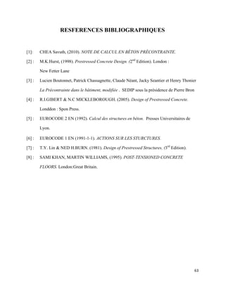 63
RESFERENCES BIBLIOGRAPHIQUES
[1]: CHEA Savuth, (2010). NOTE DE CALCUL EN BÉTON PRÉCONTRAINTE.
[2] : M.K.Hurst, (1998). Prestressed Concrete Design. (2nd
Edition). London :
New Fetter Lane
[3] : Lucien Boutonnet, Patrick Chassagnette, Claude Néant, Jacky Seantier et Henry Thonier
La Précontrainte dans le bâtiment, modifiée . SEDIP sous la présidence de Pierre Bron
[4] : R.I.GIBERT & N.C MICKLEBOROUGH. (2005). Design of Prestressed Concrete.
Londdon : Spon Press.
[5] : EUROCODE 2 EN (1992). Calcul des structures en béton. Presses Universitaires de
Lyon.
[6] : EUROCODE 1 EN (1991-1-1). ACTIONS SUR LES STURCTURES.
[7] : T.Y. Lin & NED H.BURN. (1981). Design of Prestressed Structures, (3rd
Edition).
[8] : SAMI KHAN, MARTIN WILLIAMS, (1995). POST-TENSIONED CONCRETE
FLOORS. London:Great Britain.
 