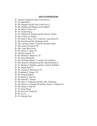 2015 SUPPORTERS
 Adanech Asghedom (Ada’s Latin Flavor)
 Ms. Beth Brody
 Ms. Margaret and Mr. Wm. Clark Cate, Jr.
 Drs. Stephen and Margaret Ann Chappell
 Mr. John S. Chunco ‘67
 Dr. Joseph Chung
 Dr. Catherine N. Duckett and Mr. David C. Hunter
 Mrs. Frances G. Duckett
 Dr. Denis E. Hruza ‘68, '71 and Mrs. Anne Hruza '81
 Mr. Kenneth and Mrs. Katherine Jacobi
 Mrs. Lorraine Jordan '12 and Mr. Kenneth Jordan
 Mrs. Jamie M. Kretsch '80
 Mrs. Anne Marie Lavin
 Mr. Glenn A. Lehner '87
 Mr.John Leonard ‘51
 Mr. Michael S. Maiden Jr. '07
 Dr. James McDonald
 Mrs. Koorleen Minton '11 and Mr. David Minton
 Mrs. Karen D. O'Donnell and Mr. John O'Donnell '67
 Dr. Michael A. Palladino and Mrs. Cindy B. Palladino
 Mr. Dharm Patel '12
 Mr. Thomas F. Razwilavich '70
 Dr. Barbara T. Reagor '70
 Mr. William Roberts
 Dr. Herbert C. Roy '69
 Mr. Edward C. Thomas
 Mr. John A. Tiedemann and Mrs. Ellie Tiedemann
 Mr. Dennis G. Urbaniak '90 and Mrs. Diane E. Urbaniak '91
 Mr. Eamon J. Wall '88
 Dr. Jiacun Wang
 Mr. Kevin W. Young '89
 Dr. Cui Yu
 Dr. Xudong Yuan
 