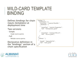 WILD-CARD TEMPLATE
BINDING
Defines bindings for chain
inputs (templates) at
deployment time
Two versions
 Simple
 Single source queries
 Full
 Multiple source queries
Declarative definition in
the “bindings” section of a
chain specification
” bindings ”:[{
” fromSources” : [{
”sourceType” : ”smartcity:WasteBin ” ,
” dataStream ” : [
{
”streamType” : ”smartcity:Temperature” ,
”ioId” : ”inTemperature_genid”
} ,
{
”streamType” : ”smartcity:FillLevel” ,
”ioId” : ”inLevel_genid”}
]
}] ,
” toDrains ” : [
{
”drainId” : ”badsmell36754” ,
”ioId” : ”smell_genid”
}]
}]
 