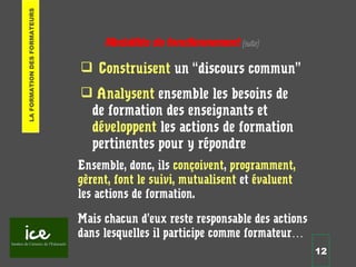 12
Modalités de fonctionnement (suite)
 Construisent un “discours commun”
 Analysent ensemble les besoins de
de formation des enseignants et
développent les actions de formation
pertinentes pour y répondre
Ensemble, donc, ils conçoivent, programment,
gèrent, font le suivi, mutualisent et évaluent
les actions de formation.
Mais chacun d’eux reste responsable des actions
dans lesquelles il participe comme formateur…
LAFORMATIONDESFORMATEURS
 