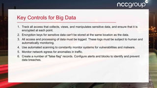 5
Key Controls for Big Data
1. Track all access that collects, views, and manipulates sensitive data, and ensure that it i...