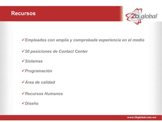 Recursos



   Empleados con amplia y comprobada experiencia en el medio

   20 posiciones de Contact Center

   Sistemas

   Programación

   Área de calidad

   Recursos Humanos

   Diseño
 