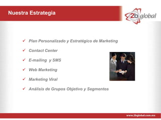 Nuestra Estrategia




      Plan Personalizado y Estratégico de Marketing

      Contact Center

      E-mailing y SMS

      Web Marketing

      Marketing Viral

      Análisis de Grupos Objetivo y Segmentos
 