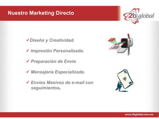 Nuestro Marketing Directo




      Diseño y Creatividad.

       Impresión Personalizada.

       Preparación de Envío

       Mensajería Especializada.

       Envíos Masivos de e-mail con
        seguimientos.
 