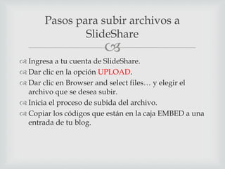 Pasos para subir archivos a 
SlideShare 
 
 Ingresa a tu cuenta de SlideShare. 
 Dar clic en la opción UPLOAD. 
 Dar clic en Browser and select files… y elegir el 
archivo que se desea subir. 
 Inicia el proceso de subida del archivo. 
 Copiar los códigos que están en la caja EMBED a una 
entrada de tu blog. 
