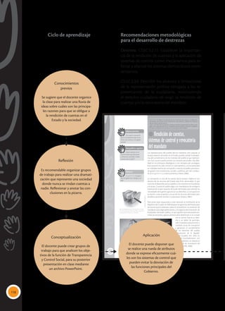 118
72
Rendición de cuentas,
sistemas de control y revocatoria
del mandato
CS.EC:5.2.11 Establecer la importancia de la rendición de cuentas y la aplicación
de sistemas de control como mecanismos para reforzar y afianzar los sistemas
democráticos representativos.
CS.EC.5.3.9. Describir los alcances y limitaciones de la representación política otor-
gada a los representantes de la ciudadanía, reconociendo el derecho ciudadano
de exigir la rendición de cuentas y/o la revocatoria del mandato.
Saberes previos
¿Por qué es necesario
que la ciudadanía exija la ren-
dición de cuentas a los gober-
nantes?
Desequilibrio cognitivo
¿Qué maneras se te
ocurren para que docentes
y directivos también rindan
cuentas de su labor?
Los representantes del pueblo electos mediante voto popular, al
ocupar espacios de poder en el Estado, pueden perder la perspec-
tiva del cumplimiento de los intereses del pueblo al que represen-
tan. Esto ocurre cuando priman sus intereses personales, hay debi-
lidad en los principios ideológicos o son tentados por privilegios.
Esta situación ha sido común en Latinoamérica y se ha expresado
en múltiples hechos de corrupción y traición al pueblo, provocan-
do graves crisis económicas, sociales y políticas que han conduci-
do al desgobierno y a derrocamientos (Nieto, 2008).
La corrupción es una de las peores lacras porque implica el uso
abusivo de los recursos del Estado para fines particulares, lo que
carcome el desarrollo de los pueblos y los mantiene en la pobreza
y el atraso. Cuando el pueblo elige a sus mandatarios, les entrega la
potestad de ocupar espacios de poder del Estado, para atender las
necesidades de la gente y garantizar sus derechos. La corrupción es
la traición a este propósito y el uso de los recursos del Estado para
beneficio personal, familiar o corporativo (Arjona, 2002).
Para evitar estas situaciones a nivel nacional, la Constitución de la
República del Ecuador de 2008 dispone las garantías del Estado para
reconocer que la soberanía radica en el pueblo en su condición de
mandante para elegir gobernantes, y le asigna la denominación de
fiscalizador del poder público, lo que significa que este puede exa-
minar las acciones y gastos públicos para determinar si se cumple
con la norma. Este es un dere-
cho y un deber de participa-
ción ciudadana para prevenir y
combatir actos de corrupción
y garantizar el cumplimiento
de los derechos del pueblo
(Constitución de la Repúbli-
ca del Ecuador, Art. 204). En
caso de incumplimiento con
estos propósitos, se plantea la
posibilidad de revocatoria del
mandato (CRE, 2008).
Glosario
desgobierno. Incapaci-
dad de gobernar o dirigir a un
país.
a
cb
 La transparencia de la información y la rendi-
ción de cuentas permiten al pueblo conocer las
acciones que se hacen en su nombre.
 La corrupción es uno de las peores plagas que azota a una nación, que puede llevar a destruirla.
Tomada
de:
Archivo
editorial
Tomada
de:
Archivo
editorial
Recomendaciones metodológicas
para el desarrollo de destrezas
Destreza: CS.EC.5.2.11. Establecer la importan-
cia de la rendición de cuentas y la aplicación de
sistemas de control como mecanismos para re-
forzar y afianzar los sistemas democráticos repre-
sentativos.
CS.EC.5.3.9. Describir los alcances y limitaciones
de la representación política otorgada a los re-
presentantes de la ciudadanía, reconociendo
el derecho ciudadano de exigir la rendición de
cuentas y/o la revocatoria del mandato.
Conocimientos
previos
Se sugiere que el docente organice
la clase para realizar una lluvia de
ideas sobre cuáles son las principa-
les razones para que se obligue a
la rendición de cuentas en el
Estado y la sociedad.
Reflexión
Es recomendable organizar grupos
de trabajo para realizar una dramati-
zación que represente una sociedad
donde nunca se rindan cuentas a
nadie. Reflexionar y anotar las con-
clusiones en la pizarra.
Aplicación
El docente puede disponer que
se realice una rueda de atributos
donde se exprese eficazmente cuá-
les son los sistemas de control que
pueden evitar la desviación de
las funciones principales del
Gobierno.
Conceptualización
El docente puede crear grupos de
trabajo para que analicen los obje-
tivos de la función de Transparencia
y Control Social, para su posterior
presentación en clase mediante
un archivo PowerPoint.
Ciclo de aprendizaje
 