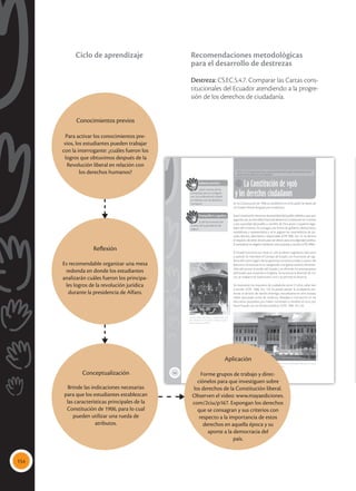 154
164
La Constitución de 1906
y los derechos ciudadanos
CS.EC.5.4.7.Comparar las Cartas constitucionales del Ecuador atendiendo a la pro-
gresión de los derechos de ciudadanía.
En la Constitución de 1906 se establecen en el Ecuador las bases de
un Estado liberal-burgués por excelencia.
Esta Constitución reconoce la autoridad del pueblo debido a que, por
segundavez,laAsambleaNacionaldeclaralaConstituciónennombre
y por autoridad del pueblo a nombre de Dios, autor y supremo legis-
lador del Universo. Se consagra una forma de gobierno democrática,
republicana y representativa y se le asignan las características de po-
pular, electiva, alternativa y responsable (CPE,1906. Art. 4). Se elimina
el requisito de tener dinero para ser electo para una dignidad pública.
El presidente es elegido mediante voto popular y secreto (CPE,1906).
El Estado funciona con base en tres poderes: Legislativo, Ejecutivo
y Judicial. Se mantiene el Consejo de Estado con funciones de vigi-
lante del marco legal y de las garantías constitucionales, y asesor del
Ejecutivo. Se excluye en su integración a la Iglesia católica, eliminán-
dola del acceso al poder del Estado y se eliminan los presupuestos
del Estado que sostenían a la Iglesia. Se reconoce la libertad de cul-
tos, se implanta el matrimonio civil y se permite el divorcio.
Se mantienen los requisitos de ciudadanía: tener 21 años, saber leer
y escribir (CPE, 1906, Art. 13). Se puede perder la ciudadanía por:
entrar al servicio de nación enemiga, naturalizarse en otro Estado,
haber ejecutado actos de violencia, falsedad o corrupción en las
elecciones populares, por haber comprado o vendido el voto, por
hacer fraude con los fondos públicos (CPE, 1906. Art.14).
 Eloy Alfaro fue el gran transformador del
país: dinamizó la economía, integró al país y
democratizó la sociedad.
Saberes previos
¿Qué conoces de las
conquistas que se consiguie-
ron con la Revolución liberal
en relación con los derechos
humanos?
 El primer colegio femenino para formar maestras fue el Normal Manuela Cañizares en Quito,
garantizando así la vinculación de la mujer al empleo público.
Desequilibrio cognitivo
¿Cuál fue la revolución
jurídica de la presidencia de
Alfaro?
Tomada
de:
flickr.com
Tomada
de:
panoramio.com
Conocimientos previos
Para activar los conocimientos pre-
vios, los estudiantes pueden trabajar
con la interrogante: ¿cuáles fueron los
logros que obtuvimos después de la
Revolución liberal en relación con
los derechos humanos?
Reflexión
Es recomendable organizar una mesa
redonda en donde los estudiantes
analizarán cuáles fueron los principa-
les logros de la revolución jurídica
durante la presidencia de Alfaro.
Aplicación
Forme grupos de trabajo y direc-
ciónelos para que investiguen sobre
los derechos de la Constitución liberal.
Observen el video: www.mayaediciones.
com/2ciu/p167. Expongan los derechos
que se consagran y sus criterios con
respecto a la importancia de estos
derechos en aquella época y su
aporte a la democracia del
país.
Conceptualización
Brinde las indicaciones necesarias
para que los estudiantes establezcan
las características principales de la
Constitución de 1906, para lo cual
pueden utilizar una rueda de
atributos.
Recomendaciones metodológicas
para el desarrollo de destrezas
Destreza: CS.EC.5.4.7. Comparar las Cartas cons-
titucionales del Ecuador atendiendo a la progre-
sión de los derechos de ciudadanía.
Ciclo de aprendizaje
 