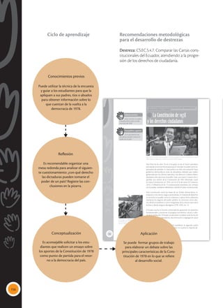 156
168
La Constitución de 1978
y los derechos ciudadanos
CS.EC.5.4.7.Comparar las cartas constitucionales del Ecuador atendiendo a la pro-
gresión de los derechos de ciudadanía.
Para fines de los años 70, en el Ecuador se dio el ‘boom petrolero’,
articulando la economía ecuatoriana al mercado mundial como ex-
portadora de petróleo. A nivel político se vivía una transición hacia
gobiernos democráticos, pues las dictaduras militares que habían
gobernado por los últimos siete años, tras derrocar a Velasco Ibarra,
plantearon dos opciones al pueblo: crear una nueva Constitución o
aprobar una versión de la Constitución de 1945 reformada. Ganó
la nueva Constitución en 1978, con el 43 % de votos (El Comercio,
2014). A diferencia de las 17 constituciones anteriores, por primera
vez el pueblo, mediante referéndum, aprobó el texto constitucional.
Esta Constitución sentó las bases de un Estado democrático, in-
cluyente y con ciertos rasgos nacionalistas. En materia de derechos
se reconoce al pueblo como el soberano, y ejerce dicha soberanía
mediante los órganos del poder público. Se reconoce como idio-
ma oficial al castellano y como integrantes de la cultura nacional al
kichwa y demás lenguas aborígenes (CPE, 1978, Art. 1).
El Estado asume la función primordial de garantizar los derechos
fundamentales y promover el progreso económico, social y cultu-
ral de la población. El Estado ecuatoriano condena toda forma de
colonialismo, neocolonialismo, discriminación o segregación racial
(CPE, 1978, Art. 4).
Fue relevante en esta Constitución establecer la segunda vuelta
electoral, en caso de que un candidato no tuviera la mayoría ab-
soluta de votos.
 El respeto a la soberanía nacional es uno de
los derechos que se plantea en una época de
dominio político globalizante.
Saberes previos
¿Qué cuentan tus padres
o abuelos de la vuelta a la de-
mocracia de 1978?
 El retorno a la democracia en Ecuador en 1978. Se aprueba una nueva Constitución, y un año y
medio después se elige como presidente al Ab. Jaime Roldós Aguilera.
Desequilibrio cognitivo
¿Con qué derecho las
dictaduras pueden tomarse el
poder de un país?
Tomada
de:
datab.us
Tomada
de:
flickr.com
Conocimientos previos
Puede utilizar la técnica de la encuesta
y guiar a los estudiantes para que la
apliquen a sus padres, tíos o abuelos
para obtener información sobre lo
que cuentan de la vuelta a la
democracia de 1978.
Reflexión
Es recomendable organizar una
mesa redonda para analizar el siguien-
te cuestionamiento: ¿con qué derecho
las dictaduras pueden tomarse el
poder de un país? Registre las con-
clusiones en la pizarra.
Aplicación
Se puede formar grupos de trabajo
para elaborar un debate sobre las
principales características de la Cons-
titución de 1978 en lo que se refiere
al desarrollo social.
Conceptualización
Es aconsejable solicitar a los estu-
diantes que realicen un ensayo sobre
los aportes de la Constitución de 1978
como punto de partida para el retor-
no a la democracia del país.
Recomendaciones metodológicas
para el desarrollo de destrezas
Destreza: CS.EC.5.4.7. Comparar las Cartas cons-
titucionales del Ecuador, atendiendo a la progre-
sión de los derechos de ciudadanía.
Ciclo de aprendizaje
 