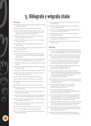 160
Bibliografía
Al, D. &. (2008). Aprendizaje basado en problemas. España: Universidad
Politécnica de Madrid.
Almager, T. (1998). El desarrollo del alumno. México: TRILLAS.
Asamblea Nacional Constituyente. Registro Oficial No. 449. . (2008.
Artículos 26, 27 y 29). Constitución de la República del Ecuador.
Quito: Corporación de estudios y publicaciones.
Ausubel, D. (1973). Algunos aspectos psicológicos de la estructura del
conocimiento. Buenos Aires: El Ateneo.
Ausubel, D. y. (1983). Psicología educativa: un punto de vista cognosciti-
vo. México: TRILLAS.
Aronson. (1978). Técnica de rompecabezas o JIGSAW. New York:
Addison Wesley.
Ballester Vallori, A. (2002). El aprendizaje significativo en la práctica. Islas
Baleares - España: SPAIN.
Chávez, O. &. (2011). Evaluación.
Coll, C. (2014). Propuesta de lineamientos orientadores para la defini-
ción del contenido de textos considerando aspectos pedagógicos y
didácticos. Quito.
Consejo Nacional de Planificación. (2013). Plan Nacional para el Buen
Vivir 2013 - 2017. Registro Oficial No 78. Quito: SEMPLADES.
Cotta, Maurizio, (1986). Parlamentos y representación. Madrid: Alianza
Editorial.
Dalh, Robert Alan, (2008). La igualdad política. México D. F.: Fondo de
Cultura Económica.
Dávila Espinoza, S. (2007). El aprendizaje significativo. México D.F: UPN.
Fundación Alberto Merani. (1998). Teorías del desarrollo intelectual:
Vigotsky y Ausubel. Bogotá: F.A.M.
Garza, R. L. (2000). Aprender, cómo aprender. México: TRILLAS.
Gastaldi, Í. (1988). El hombre, un misterio. Quito - Ecuador: PUCE.
Guía Docente de Emprendimiento y Gestión, (2015). Quito: Maya
Ediciones.
López, B. (2000). Pensamiento crítico y creativo. México: TRILLAS.
Ministerio de Educación. (2015). Currículo de Educación para la Ciuda-
danía del BGU. Quito.
Ministerio de Educación. (2011). Introducción al Nuevo Bachillerato
Ecuatoriano. Quito: MINEDUC.
Moreira, A. y. (2003). Cambio conceptual: análisis crítico y propuestas a
la luz de la teoría del aprendizaje significativo. Brasilia: CIENCIA.
Moreira, M. A. (2002). Aprendizaje significativo: un concepto subyacen-
te. Porto Alegre - Brasil: UFRGS.
Organización de Naciones Unidas de Derechos Humanos, (1966).
Pacto Internacional de Derechos.
Páez, (2011). revista Educacción de diario El Comercio. Quito.
Pansza, M. (1990). Pedagogía y currículo. México: GERNICKA.
Sharan, S. y. (1976). Investigación en grupo. Nueva Jersey: Educational
Technology Publications.
Sharam. (1980). Proyecto en grupo. Nueva Jersey: Educational Techno-
logy Publications.
Slavin. (1987). Cooperación guiada y estructurada. EUA: American
Education Research Journal.
Soriano Ayala, E. (coord.) (2008) Educar para la ciudadanía intercultu-
ral y democrática. Madrid: La Muralla.
Stevens, Dannelle & Levi, Antonia (2005). Introduction to Rubrics.
Sterling: Stylus Publishing.
Unesco. (2006). Las Tecnologías de la Información y la Comunicación en
la Enseñanza. Francia: ED/HED/TED.
Villoro Toranzo, Miguel, (2005). Introducción al estudio del Derecho.
México: Porrúa.
Webgrafías
Saez, A. (1998). La ciber pedagogía y la investigación educativa ante el
nuevo milenio. Salamanca - España: https://books.google.com.ec/
books?id=t9WOAwAAQBAJ. Fecha de recuperación: 20-01-2016.
Tejedor, F. J. (2003). Las Nuevas tecnologías de la Información y laCo-
munciación y la Investigación Educativa. España: rabida.uhu.es/
dspace/handle/10272/3517. Fecha de recuperación: 22-02-2016.
Acosta, Alberto y Esperanza Martínez, (2009). El buen vivir. Una vía
para el desarrollo. Quito: Abya Yala. http://www.scielo.cl/pdf/
polis/v9n25/art31.pdf. Fecha de recuperación: 12-03-2016.
Churches, A. (2009). Taxonomía de Bloom para la Era Digital. www.
eduteka.org/TaxonomiaBloomDigital.php.
Fecha de recuperación: 06-01-2016.
Ministerio de Educación (2016) . Instructivo para la evaluación y
promoción de estudiantes con necesidades educativas especiales.
http://www.educarecuador.gob.ec/anexos/ayuda/sasre/instructi-
vo_de_evaluacion_de_estudiantes_con_nee.pdf
Fecha de recuperación: 09-03-2016
Delors, J. (1998). Informe UNESCO. Los Cuadro Pilares de la Educación,
La Educación encierra un Tesoro. Francia: www.unesco.org/educa-
tion/pdf/DELORS_S.PDF.
Documento Individual de Adaptación Curricular (DIAC).
https://pauli3.files.wordpress.com/2010/03/diac.pdf
Fecha de recuperación: 12-03-2016
Las Tecnologías son más fácil de lo que parecen. (s.f.).
https://www.youtube.com/watch?v=8TcSoIKdKZk&feature=you
tu.be. Fecha de recuperación: 05-19-2016.
Moreira, M. (2007). Algunos Principios para el Desarrollo de Buenas
Prácticas Pedagógicas con las TICs en el Aula. Madrid: http://
manarea.webs.ull.es/wp-content/uploads/2010/06/CyP-buenas-
practicasTIC.pdf. Fecha de recuperación: 05-13-2016.
Paz y Miño, Juan, (2008) Visión histórica de las Constituciones de 1998
y 2008. Quito. http://www.institut-gouvernance.org/es/analyse/
fiche-analyse-449.html. Fecha de recuperación: 12-03-2016
Ranciére, Jacques, (2011). El tiempo de la igualdad. Diálogos sobre po-
lítica y estética. http://www.rebelion.org/noticia.php?id=146122
Fecha de recuperación: 04-03-2016.
Velasco, Juan Carlos, (2009). Democracia y deliberación pública.
México: Revista de pensamiento político. http://digital.csic.es/bit
13. Bibliografía y webgrafía citadas
 