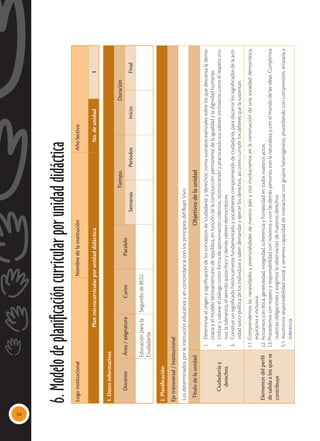 54
Logo
institucional
Nombre
de
la
institución
Año
lectivo
Plan
microcurricular
por
unidad
didáctica
No.
de
unidad
1
1.
Datos
informativos
Docente
Área
/
asignatura
Curso
Paralelo
Tiempo
Duración
Semanas
Períodos
Inicio
Final
Educación
para
la
Ciudadanía
Segundo
de
BGU
2.
Planificación
Eje
transversal
/
Institucional
Los
determinados
por
la
institución
educativa
y
en
concordancia
con
los
principios
del
Buen
Vivir.
Título
de
la
unidad
Objetivos
de
la
unidad
Ciudadanía
y
derechos
1.	
Determinar
el
origen
y
significación
de
los
conceptos
de
‘ciudadanía’
y
‘derechos’
,
como
sustratos
esenciales
sobre
los
que
descansa
la
demo-
cracia
y
el
modelo
latinoamericano
de
república,
en
función
de
la
construcción
permanente
de
la
igualdad
y
la
dignidad
humanas.
2.	
Utilizar
y
valorar
el
diálogo
como
forma
de
aproximación
colectiva,
reconociendo
y
practicando
sus
valores
intrínsecos
como
el
respeto
mu-
tuo,
la
tolerancia,
el
sentido
autocrítico
y
demás
valores
democráticos.
3.	
Construir
un
significado
históricamente
fundamentado
y
socialmente
comprometido
de
ciudadanía,
para
discernir
los
significados
de
la
acti-
vidad
socio-política
de
los
individuos
y
saber
demandar
y
ejercer
los
derechos,
así
como
cumplir
los
deberes
que
la
sustentan.
Elementos
del
perfil
de
salida
a
los
que
se
contribuye
J.1.
Comprendemos
las
necesidades
y
potencialidades
de
nuestro
país
y
nos
involucramos
en
la
construcción
de
una
sociedad
democrática,
equitativa
e
inclusiva.
J.2.
Actuamos
con
ética,
generosidad,
integridad,
coherencia
y
honestidad
en
todos
nuestros
actos.
J.3.
Procedemos
con
respeto
y
responsabilidad
con
nosotros
y
con
las
demás
personas,
con
la
naturaleza
y
con
el
mundo
de
las
ideas.
Cumplimos
nuestras
obligaciones
y
exigimos
la
observación
de
nuestros
derechos.
S.1.
Asumimos
responsabilidad
social
y
tenemos
capacidad
de
interactuar
con
grupos
heterogéneos,
procediendo
con
comprensión,
empatía
y
tolerancia.
6.
Modelo
de
planificación
curricular
por
unidad
didáctica
 