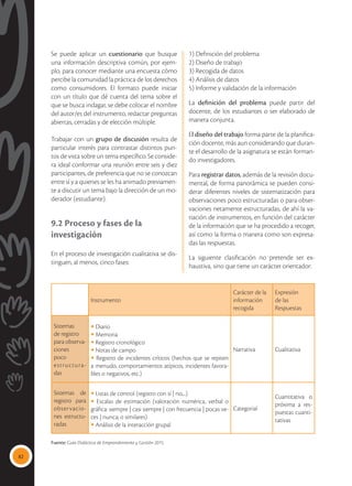 82
Se puede aplicar un cuestionario que busque
una información descriptiva común, por ejem-
plo, para conocer mediante una encuesta cómo
percibe la comunidad la práctica de los derechos
como consumidores. El formato puede iniciar
con un título que dé cuenta del tema sobre el
que se busca indagar, se debe colocar el nombre
del autor/es del instrumento, redactar preguntas
abiertas, cerradas y de elección múltiple.
Trabajar con un grupo de discusión resulta de
particular interés para contrastar distintos pun-
tos de vista sobre un tema específico. Se conside-
ra ideal conformar una reunión entre seis y diez
participantes, de preferencia que no se conozcan
entre sí y a quienes se les ha animado previamen-
te a discutir un tema bajo la dirección de un mo-
derador (estudiante).
9.2 Proceso y fases de la
investigación
En el proceso de investigación cualitativa se dis-
tinguen, al menos, cinco fases:
1) Definición del problema
2) Diseño de trabajo
3) Recogida de datos
4) Análisis de datos
5) Informe y validación de la información
La definición del problema puede partir del
docente, de los estudiantes o ser elaborado de
manera conjunta.
El diseño del trabajo forma parte de la planifica-
ción docente, más aun considerando que duran-
te el desarrollo de la asignatura se están forman-
do investigadores.
Para registrar datos, además de la revisión docu-
mental, de forma panorámica se pueden consi-
derar diferentes niveles de sistematización para
observaciones poco estructuradas o para obser-
vaciones netamente estructuradas, de ahí la va-
riación de instrumentos, en función del carácter
de la información que se ha procedido a recoger,
así como la forma o manera como son expresa-
das las respuestas.
La siguiente clasificación no pretende ser ex-
haustiva, sino que tiene un carácter orientador:
Instrumento
Carácter de la
información
recogida
Expresión
de las
Respuestas
Sistemas
de registro
para observa-
ciones
poco
estructura-
das
• Diario
• Memoria
• Registro cronológico
• Notas de campo
• Registro de incidentes críticos (hechos que se repiten
a menudo, comportamientos atípicos, incidentes favora-
bles o negativos, etc.)
Narrativa Cualitativa
Sistemas de
registro para
observacio-
nes estructu-
radas
• Listas de control (registro con sí | no,...)
• Escalas de estimación (valoración numérica, verbal o
gráfica: siempre | casi siempre | con frecuencia | pocas ve-
ces | nunca; o similares)
• Análisis de la interacción grupal
Categorial
Cuantitativa o
próxima a res-
puestas cuanti-
tativas
Fuente: Guía Didáctica de Emprendimiento y Gestión 2015.
 