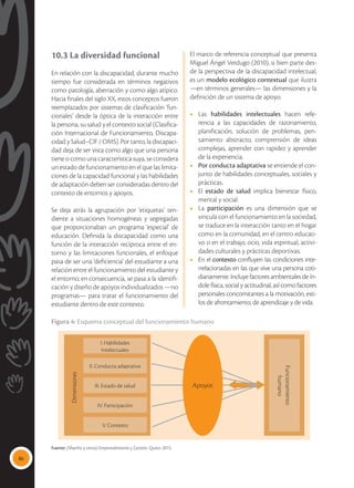 86
10.3 La diversidad funcional
En relación con la discapacidad, durante mucho
tiempo fue considerada en términos negativos
como patología, aberración y como algo atípico.
Hacia finales del siglo XX, estos conceptos fueron
reemplazados por sistemas de clasificación ‘fun-
cionales’ desde la óptica de la interacción entre
la persona, su salud y el contexto social (Clasifica-
ción Internacional de Funcionamiento, Discapa-
cidad y Salud–CIF / OMS). Por tanto, la discapaci-
dad deja de ser vista como algo que una persona
tiene o como una característica suya, se considera
un estado de funcionamiento en el que las limita-
ciones de la capacidad funcional y las habilidades
de adaptación deben ser consideradas dentro del
contexto de entornos y apoyos.
Se deja atrás la agrupación por ‘etiquetas’ ten-
diente a situaciones homogéneas y segregadas
que proporcionaban un programa ‘especial’ de
educación. Definida la discapacidad como una
función de la interacción recíproca entre el en-
torno y las limitaciones funcionales, el enfoque
pasa de ser una ‘deficiencia’ del estudiante a una
relación entre el funcionamiento del estudiante y
el entorno; en consecuencia, se pasa a la identifi-
cación y diseño de apoyos individualizados —no
programas— para tratar el funcionamiento del
estudiante dentro de este contexto.
El marco de referencia conceptual que presenta
Miguel Ángel Verdugo (2010), si bien parte des-
de la perspectiva de la discapacidad intelectual,
es un modelo ecológico contextual que ilustra
—en términos generales— las dimensiones y la
definición de un sistema de apoyo.
•	Las habilidades intelectuales hacen refe-
rencia a las capacidades de razonamiento,
planificación, solución de problemas, pen-
samiento abstracto, comprensión de ideas
complejas, aprender con rapidez y aprender
de la experiencia.
•	 Por conducta adaptativa se entiende el con-
junto de habilidades conceptuales, sociales y
prácticas.
•	El estado de salud implica bienestar físico,
mental y social.
•	La participación es una dimensión que se
vincula con el funcionamiento en la sociedad,
se traduce en la interacción tanto en el hogar
como en la comunidad, en el centro educati-
vo o en el trabajo, ocio, vida espiritual, activi-
dades culturales y prácticas deportivas.
•	 En el contexto confluyen las condiciones inte-
rrelacionadas en las que vive una persona coti-
dianamente. Incluye factores ambientales de ín-
dole física, social y actitudinal, así como factores
personales concomitantes a la motivación, esti-
los de afrontamiento, de aprendizaje y de vida.
Funcionamiento
humano
I. Habilidades
Intelectuales
Dimensiones
II. Conducta adaptativa
III. Estado de salud
IV. Participación
V. Contexto
Apoyos
Fuente: (Mariño y otros) Emprendimiento y Gestión. Quito: 2015.
Figura 4: Esquema conceptual del funcionamiento humano
 