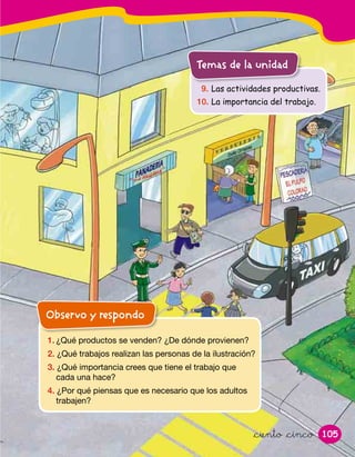 105
1. ¿Qué productos se venden? ¿De dónde provienen?
2. ¿Qué trabajos realizan las personas de la ilustración?
3. ¿Qué importancia crees que tiene el trabajo que
cada una hace?
4. ¿Por qué piensas que es necesario que los adultos
trabajen?
Observo y respondo
9. Las actividades productivas.
10. La importancia del trabajo.
Temas de la unidad
&ciento &cinco
 