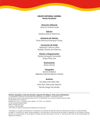 GRUPO EDITORIAL NORMA
Textos Escolares
Dirección Editorial
Verónica Jiménez Dotte
Edición
Sarella Gutiérrez Palominos
Asistente de Edición
Paula Verónica Amengual Chong
Corrección de Estilo
Alejandro Cisternas Ulloa
Rodrigo Olivares de la Barrera
Diseño y Diagramación
Nicolás Irarrázaval Fuenzalida
Sergio Pérez Jara
Ilustraciones
Álvaro Gómez
Fotografía
Archivo Editorial
Alejandra Giannina Bianchi Herrera
Autoras
Ana María del Valle Vidal
Keila Ruth Valenzuela Adasme
Pamela Vargas Hernández
Historia, Geografía y Ciencias Sociales, Segundo Año Básico. Texto para el Estudiante.
La materialidad y fabricación de este texto está certiﬁcada por el IDIEM - Universidad de Chile.
Se terminó de imprimir esta primera edición de 247.733 ejemplares, en el mes de noviembre del año 2009
© Editorial Norma de Chile S.A.
Monjitas 527, piso 17, Santiago, Chile. Teléfono: 7317500. Fax: 6322079
e-mail: ventasnorma@carvajal.cl
ISBN: 978-956-300-223-2
Impreso en RR Donnelley.
Libro chileno de edición especial para el Ministerio de Educación
“Autorizada su circulación por Resolución No
458 del 20 de noviembre de 2009 de la Dirección Nacional de Fronteras y Límites del Estado.
La edición y circulación de mapas, cartas geográﬁcas u otros impresos y documentos que se reﬁeran o relacionen con los límites y fronteras
de Chile, no comprometen, en modo alguno, al Estado de Chile, de acuerdo con el Art. 2o
, letra g) del DFL No
83 de 1979 del Ministerio de
Relaciones Exteriores.”
 