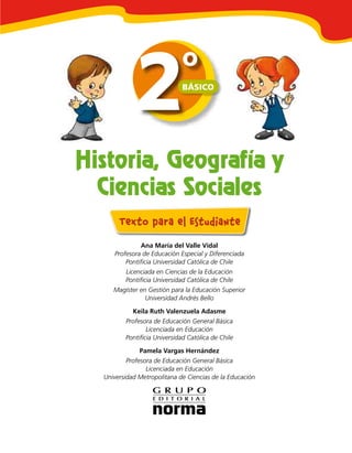 Ana María del Valle Vidal
Profesora de Educación Especial y Diferenciada
Pontiﬁcia Universidad Católica de Chile
Licenciada en Ciencias de la Educación
Pontiﬁcia Universidad Católica de Chile
Magíster en Gestión para la Educación Superior
Universidad Andrés Bello
Keila Ruth Valenzuela Adasme
Profesora de Educación General Básica
Licenciada en Educación
Pontiﬁcia Universidad Católica de Chile
Pamela Vargas Hernández
Profesora de Educación General Básica
Licenciada en Educación
Universidad Metropolitana de Ciencias de la Educación
2ºBÁSICO
Texto para el Estudiante
Histori , Geogr fí y
Cienci s Soci les
 