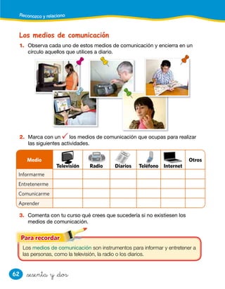 62
Reconozco y relaciono
&sesenta y &dos
1. Observa cada uno de estos medios de comunicación y encierra en un
círculo aquellos que utilices a diario.
2. Marca con un los medios de comunicación que ocupas para realizar
las siguientes actividades.
3. Comenta con tu curso qué crees que sucedería si no existiesen los
medios de comunicación.
Los medios de comunicación
Los medios de comunicación son instrumentos para informar y entretener a
las personas, como la televisión, la radio o los diarios.
Medio
Televisión Radio Diarios Teléfono Internet
Otros
Informarme
Entretenerme
Comunicarme
Aprender
 