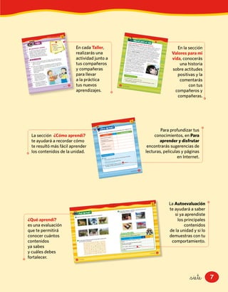 7&siete
27
3
veintisiete
26
1
2
A R A U C A R I A P
P Q U I L L A Y W U
C U P A L M A K A M
P B A Z P Y R U T A
U L E R C E I Ñ S E
D J H U E M U L K L
U O B L L A R E T A
veintiséis
24
Joven ona salva la lengua de sus ancestros
Joubert Yantén Gómez quiere evitar que se pierda el legado cultural ona
(o selk’nam). A sus 15 años, es experto en la historia de las culturas de
origen patagónico (onas, alacalufes, yaganes, tehuelches y haush).
A los ocho años, y sin conocer su origen (su tatarabuelo selk’nam se
casó con una descendiente tehuelche), comenzó una investigación propia
sobre las culturas fueguinas. Uno de sus primeros objetivos fue intentar
aprender la lengua ona: “Ya a esa edad me parecía demasiado triste que
el idioma haya desaparecido junto con los últimos sobrevivientes de la
etnia”, explica Joubert. Así, se contactó con familiares y amigos para que
le consiguieran diccionarios y textos de gramática y fonología.
“El ona y el tehuelche vienen de la misma rama, que se llama tchon. Y
como son parecidos, no me costó aprenderlos. Después me interesé en
otras etnias, como los yaganes, que siempre
he admirado, porque lograron sobrevivir”.
Luego de aprender estas lenguas, Joubert
comenzó una cruzada por difundirlas.
“Empecé a crear canciones, porque pienso
que así puedo llegar a más gente. Además,
la música de ellos es bastante desconocida”.
El año pasado, y gracias al aporte de sus
familiares, Joubert grabó el disco “Kwanyipe,
el primer tchon”.
Adaptado de El Mercurio, 15 de octubre de 2006.
1. ¿A qué se dedica Joubert? ¿Por qué?
2. Según ustedes, ¿qué importancia tiene conservar la lengua y cultura
de nuestros antepasados?
veinticuatro
Valorar nuestro patrimonio
15
&quince
Descubro, describo y expongo
Mi patrimonio familiar
El patrimonio familiar está constituido por
aquellos objetos valiosos, tradiciones,
apellidos y rasgos característicos que
distinguen a unas familias de otras.
En este taller aprenderás a descubrir y
valorar los tesoros de tu historia familiar.
1. Recorre tu casa y anota todos los objetos que consideres que son
valiosos para contar la historia de tu familia. Elige uno que puedas
llevar a tu escuela.
2. Junto a tus compañeros y compañeras, preparen una exposición
con todos los objetos que han podido llevar. Con las hojas de bloc,
confeccionen tarjetas con el nombre de su familia, su uso y su
importancia en la historia
familiar. Péguenlos bajo
cada objeto.
3. Expliquen al resto del
curso la importancia de
este objeto para su familia
y qué relación tiene con su
historia y de qué manera
piensan conservarlo.
4. Junto a tus compañeros y
compañeras comenten cuál
de las historias les llamó
más la atención y por qué.
¡Manos a la obra!
Materiales
Hojas de bloc.
1 plumón.
1 objeto representativo
de tu casa.
1 cuaderno.
25
veinticinco
Visita:
Para conocer parques, reservas y monumentos nacionales.
www.conaf.cl
Para conocer más sobre patrimonio.
www.chileparaninos.cl
Lee: García Huidobro, Beatriz. El baúl de mis tesoros.
Santiago de Chile: Editorial Mineduc, 2000.
La sección ¿Cómo aprendí?
te ayudará a recordar cómo
te resultó más fácil aprender
los contenidos de la unidad.
Para profundizar tus
conocimientos, en Para
aprender y disfrutar
encontrarás sugerencias de
lecturas, películas y páginas
en Internet.
¿Qué aprendí?
es una evaluación
que te permitirá
conocer cuántos
contenidos
ya sabes
y cuáles debes
fortalecer.
La Autoevaluación
te ayudará a saber
si ya aprendiste
los principales
contenidos
de la unidad y si lo
demuestras con tu
comportamiento.
En la sección
Valores para mi
vida, conocerás
una historia
sobre actitudes
positivas y la
comentarás
con tus
compañeros y
compañeras.
En cada Taller,
realizarás una
actividad junto a
tus compañeros
y compañeras
para llevar
a la práctica
tus nuevos
aprendizajes.
 