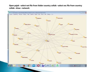 Open pajek→select net file from folder country collab→select vec file from country
collab→draw→network
 