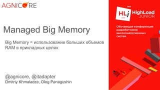 Managed Big Memory
Big Memory = использование больших объемов
RAM в прикладных целях
@agnicore, @itadapter
Dmitriy Khmaladze, Oleg Panagushin
 