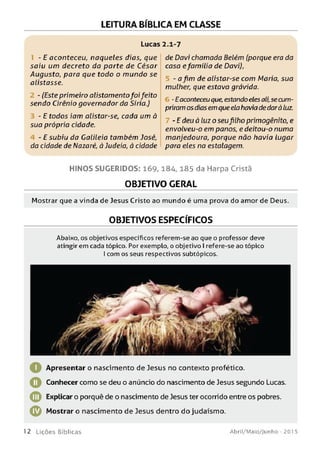 LEITURA BÍBLICA EM CLASSE
Lucas 2.1-7
- E aconteceu, naqueles dias, que
saiu um decreto da parte de César
Augusto, para que todo o m undo se
alistasse.
- (Este primeiro alistamentofoifeito
sendo Cirênio governador da Síria.)
- E todos iam alistar-se, cada um à
sua própria cidade.
4 - E subiu da Calileia também José,
da cidade de Nazaré, à Judeia, à cidade
de Davi chamada Belém (porque era da
casa efamília de Davi),
- afim de alistar-se com Maria, sua
mulher; que estava grávida.
-Eaconteceuque, estando elesali,se cum­
priram os dias em que elahavia dedarà luz.
- E deu à luz o seufilho primogênito, e
envolveu-o em panos, e deitou-o numa
manjedoura, porque não havia lugar
para eles na estalagem.
H IN O S SU G E R ID O S: 169,184, 185 da Harpa Cristã
OBJETIVO GERAL
Mostrar que a vinda de Jesus Cristo ao mundo é uma prova do amor de Deus.
OBJETIVOS ESPECÍFICOS
Abaixo, os objetivos específicos referem-se ao que o professor deve
atingir em cada tópico. Por exemplo, o objetivo I refere-se ao tópico
I com os seus respectivos subtópicos.
Apresentar o nascimento de Jesus no contexto profético.
O Conhecer como se deu o anúncio do nascimento de Jesus segundo Lucas.
0 Explicar o porquê de o nascimento de Jesus ter ocorrido entre os pobres.
© Mostrar o nascimento de Jesus dentro do judaísmo.
1 2 L iç õ e s Bíb licas Abril/Maio/Junho - 201 5
 
