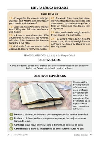 LEITURA BÍBLICA EM CLASSE
Lucas 18.18-24
- E perguntou-lhe um certo príncipe,
dizendo: Bom Mestre, que hei defazer
para herdara vida eterna?
-Jesus lhe disse: Por que me chamas
b o m ? Ninguém há bom, senão um,
que é Deus.
- Sabes os m andam entos: Não
adulterarás, não matarás, nãofurtarás,
não dirás falso testemunho, honra a
teu pai e a tua mãe.
- E disse ele: Todas essas coisas tenho
observado desde a minha mocidade.
- E, quando Jesus ouviu isso, disse-
lhe: Ainda tefalta uma coisa: vende tudo
quanto tens, reparte-o pelos pobres e
terás um tesouro no céu; depois, vem
e segue-me.
- Mas, ouvindo ele isso,ficou muito
triste, porque era muito rico.
2 4 - E, vendo Jesus que ele ficara
muito triste, disse: Ouão dificilmente
entrarão no Reino de Deus os que
têm riquezas!
H IN O S SU G E R ID O S: 5,75,432 da Harpa Cristã
OBJETIVO GERAL
Com o m ordom os que somos, ensinar o uso correto do dinheiro e d os bens con­
fiados por Deus a nós, à luz do ensino de Jesus.
OBJETIVOS ESPECÍFICOS
Abaixo, os obje­
tivos específicos
referem-se ao
que o professor
deve atingir em
cada tópico. Por
exemplo, o obje­
tivo I refere-se ao
tópico I com os
seus respectivos
subtópicos.
Pontuar o dinheiro, os bens e as posses na perspectiva secular e na cristã.
O Explicar o dinheiro, os bens e as posses na perspectiva do judaísmo do
tempo de Jesus.
€ > Conhecer o que Jesus ensinou sobre o dinheiro, as posses e os bens.
© Conscientizar o aluno da importância de entesourar tesouros no céu.
201 5 - Abril/Maio/Junho L iç õ e s B íb lica s 71
 