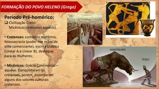 FORMAÇÃO DO POVO HELENO (Grego)
Período Pré-homérico:
 Civilização Creto-
Micênica(cretenses+ aqueus).
• Cretenses: comércio marítimo,
talassocracia (poder nas mãos de
elite comerciante), escrita silábica
(Linear A e Linear B), destaque
para as mulheres;
• Micênicos: Grécia Continental –
aqueus. Conquistaram os
cretenses, porém, assimilaram
alguns dos valores culturais
cretenses.
TESEU
MINOTAURO
 