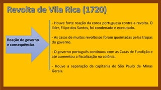Reação do governo
e consequências
- Houve forte reação da coroa portuguesa contra a revolta. O
líder, Filipe dos Santos, foi condenado e executado.
- As casas de muitos revoltosos foram queimadas pelas tropas
do governo.
- O governo português continuou com as Casas de Fundição e
até aumentou a fiscalização na colônia.
- Houve a separação da capitania de São Paulo de Minas
Gerais.
 