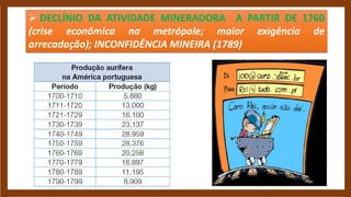  DECLÍNIO DA ATIVIDADE MINERADORA A PARTIR DE 1760
(crise econômica na metrópole; maior exigência de
arrecadação); INCONFIDÊNCIA MINEIRA (1789)
 