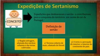 CONCEITO
Expedições que desbravaram o sertão e contribuíram
para a conquista do território em nome do rei de
Portugal.
Definição de
sertão
1) Região selvagem,
afastada dos núcleos
urbanos e das terras
cultivadas.
2) Terreno coberto de
mato, afastado do litoral.
3) A terra e a povoação
do interior; o interior do
continente do país.
 