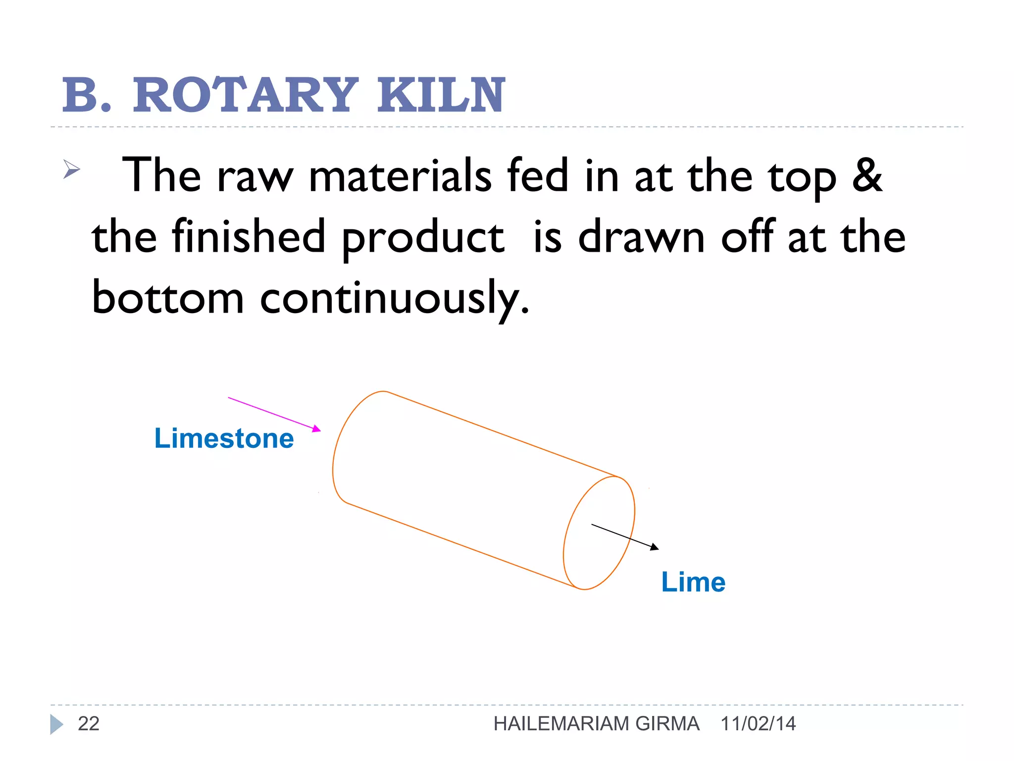 B. ROTARY KILN 
 The raw materials fed in at the top & 
the finished product is drawn off at the 
bottom continuously. 
Limestone 
Lime 
22 HAILEMARIAM GIRMA 11/02/14 
 