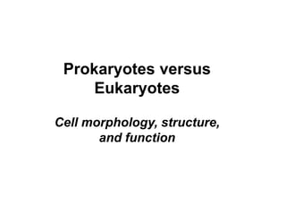 Prokaryotes versus
Eukaryotes
Cell morphology, structure,
and function
 