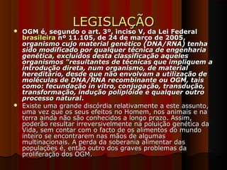 LEGISLAÇÃOLEGISLAÇÃO
 OGM é, segundo o art. 3º, inciso V, da Lei FederalOGM é, segundo o art. 3º, inciso V, da Lei Federal
brasileirabrasileira nº 11.105, de 24 de março de 2005,nº 11.105, de 24 de março de 2005,
organismo cujo material genético (DNA/RNA) tenhaorganismo cujo material genético (DNA/RNA) tenha
sido modificado por qualquer técnica de engenhariasido modificado por qualquer técnica de engenharia
genética, excluídos desta classificação aquelesgenética, excluídos desta classificação aqueles
organismos "resultantes de técnicas que impliquem aorganismos "resultantes de técnicas que impliquem a
introdução direta, num organismo, de materialintrodução direta, num organismo, de material
hereditário, desde que não envolvam a utilização dehereditário, desde que não envolvam a utilização de
moléculas de DNA/RNA recombinante ou OGM, taismoléculas de DNA/RNA recombinante ou OGM, tais
como: fecundação in vitro, conjugação, transdução,como: fecundação in vitro, conjugação, transdução,
transformação, indução poliplóide e qualquer outrotransformação, indução poliplóide e qualquer outro
processo naturalprocesso natural..
 Existe uma grande discórdia relativamente a este assunto,Existe uma grande discórdia relativamente a este assunto,
uma vez que os seus efeitos no Homem, nos animais e nauma vez que os seus efeitos no Homem, nos animais e na
terra ainda não são conhecidos a longo prazo. Assim,terra ainda não são conhecidos a longo prazo. Assim,
poderão resultar irreversivelmente na poluição genética dapoderão resultar irreversivelmente na poluição genética da
Vida, sem contar com o facto de os alimentos do mundoVida, sem contar com o facto de os alimentos do mundo
inteiro se encontrarem nas mãos de algumasinteiro se encontrarem nas mãos de algumas
multinacionais. A perda da soberania alimentar dasmultinacionais. A perda da soberania alimentar das
populações é, então outro dos graves problemas dapopulações é, então outro dos graves problemas da
proliferação dos OGM.proliferação dos OGM.
 