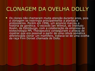 CLONAGEM DA OVELHA DOLLYCLONAGEM DA OVELHA DOLLY
 Os clones não chamaram muita atenção durante anos, poisOs clones não chamaram muita atenção durante anos, pois
a clonagem se restringia principalmente a plantas ea clonagem se restringia principalmente a plantas e
protozoários. Porém em 1996, um anúncio marcou aprotozoários. Porém em 1996, um anúncio marcou a
história da genética. O escocês Ian Wilmut, do Institutohistória da genética. O escocês Ian Wilmut, do Instituto
Roslin, de Edimburgo, com a colaboração da empresa deRoslin, de Edimburgo, com a colaboração da empresa de
biotecnologia PPL Therapeutics conseguiram a proeza debiotecnologia PPL Therapeutics conseguiram a proeza de
mostrar que era possível a partir de uma célula somáticamostrar que era possível a partir de uma célula somática
diferenciada clonar um mamífero, tratava-se de uma ovelhadiferenciada clonar um mamífero, tratava-se de uma ovelha
da raça Finn Dorset chamada de Dolly.da raça Finn Dorset chamada de Dolly.
 