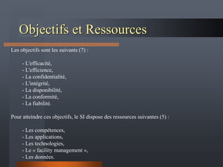 Objectifs et Ressources
Les objectifs sont les suivants (7) :
- L'efficacité,
- L'efficience,
- La confidentialité,
- L'intégrité,
- La disponibilité,
- La conformité,
- La fiabilité.
Pour atteindre ces objectifs, le SI dispose des ressources suivantes (5) :
- Les compétences,
- Les applications,
- Les technologies,
- Le « facility management »,
- Les données.
 