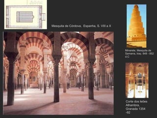 Mesquita de Córdova,  Espanha, S. VIII a X Corte dos leões Alhambra, Granada 1354 -92  Minarete, Mesquita de Samarra, Iraq  848 - 852 d.C 