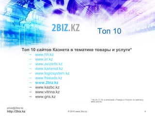 Топ 10
Топ 10 сайтов Казнета в тематике товары и услуги*
– www.hh.kz
– www.irr.kz
– www.avizinfo.kz
– www.karierist.kz
– www.logicsystem.kz
– www.freeads.kz
– www.2biz.kz
– www.kazbc.kz
– www.vitrina.kz
– www.gns.kz
price@2biz.kz
http://2biz.kz © 2010 www.2biz.kz 4
* На 25.11.10. в категории «Товары и Услуги» по рейтингу
www.zero.kz
 