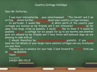 WARNING: HOLIDAYS CAN DAMAGE YOUR HEALTH
10)The summary should contain the following information
followed by a well-founded personal information:
published by Micropharm Ltd, put together by Mr B.T.
O’Boyle, endorsed by the Health Education Council,
costs 50p, has 23 passport-sized pages, contains
information about dangers that can arise during
holidays (e..g. typhoid, seafood, etc.), and ways of
preventing or treating these dangers (e.g. sterile
wound dressings, times for when to start and stop
sunbathing).
 