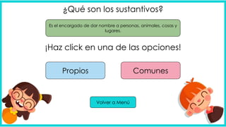 ¿Qué son los sustantivos?
Es el encargado de dar nombre a personas, animales, cosas y
lugares.
Propios
¡Haz click en una de las opciones!
Comunes
Volver a Menú
 