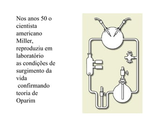 Nos anos 50 o cientista americano Miller, reproduziu em laboratório  as condições de surgimento da vida confirmando teoria de Oparim 