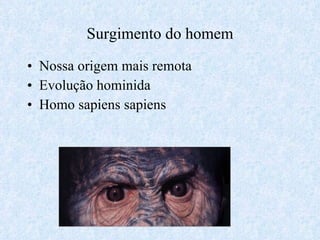 Surgimento do homem Nossa origem mais remota Evolução hominida Homo sapiens sapiens 