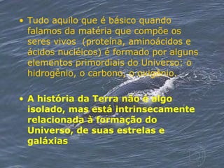 Tudo aquilo que é básico quando falamos da matéria que compõe os seres vivos  (proteína, aminoácidos e ácidos nucléicos) é formado por alguns elementos primordiais do Universo: o hidrogênio, o carbono, o oxigênio. A história da Terra não é algo isolado, mas está intrinsecamente relacionada à formação do Universo, de suas estrelas e galáxias   