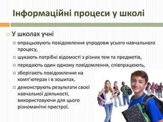 Інформаційні процеси у школі 
 У школах учні 
 опрацьовують повідомлення упродовж усього навчального 
процесу, 
 шукають потрібні відомості з різних тем та предметів, 
 передають один одному повідомлення, співпрацюють, 
 зберігають повідомлення на 
комп’ютерах і в зошитах, 
 демонструють результати своєї 
навчальної діяльності, 
використовуючи для цього 
різноманітні пристрої. 
