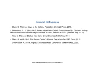 www.businessmodelgeneration.com/canvas/bmc	
  
	
  
	
  
	
  
	
  
	
  
	
  
Essential	
  Bibliography	
  
	
  
- Blank, S. The Four Steps to the Epifany. Pescadero CA: K&S Press, 2013.
- Eisenmann, T., E. Ries, and S. Dillard. Hypothesis-Driven Entrepreneurship: The Lean Startup.
Harvard Business School Background Note 812-095, December 2011. (Revised July 2013.)
- Ries, E. The Lean Startup. New York: Crown Business Publishing, 2011.
- Blank, S. and B. Dorf. The Startup Owner’s Manual. Pescadero CA: KS Press, 2012.
- Osterwalder, A., and Y. Pigneur. Business Model Generation. Self Published, 2009.
	
  
 