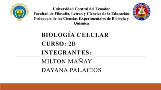 BIOLOGÍA CELULAR
CURSO: 2B
INTEGRANTES:
MILTON MAÑAY
DAYANA PALACIOS
Universidad Central del Ecuador
Facultad de Filosofía, Letras y Ciencias de la Educación
Pedagogía de las Ciencias Experimentales de Biología y
Química
 