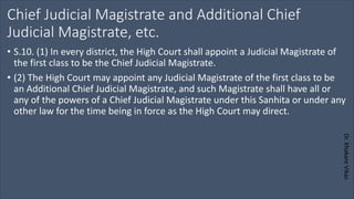 Dr.
Khakare
Vikas
Chief Judicial Magistrate and Additional Chief
Judicial Magistrate, etc.
• S.10. (1) In every district, the High Court shall appoint a Judicial Magistrate of
the first class to be the Chief Judicial Magistrate.
• (2) The High Court may appoint any Judicial Magistrate of the first class to be
an Additional Chief Judicial Magistrate, and such Magistrate shall have all or
any of the powers of a Chief Judicial Magistrate under this Sanhita or under any
other law for the time being in force as the High Court may direct.
 