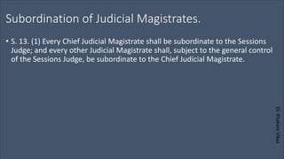 Dr.
Khakare
Vikas
Subordination of Judicial Magistrates.
• S. 13. (1) Every Chief Judicial Magistrate shall be subordinate to the Sessions
Judge; and every other Judicial Magistrate shall, subject to the general control
of the Sessions Judge, be subordinate to the Chief Judicial Magistrate.
 