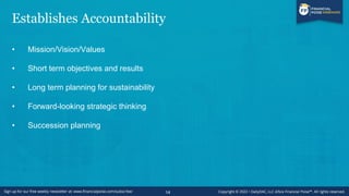 Establishes Accountability
• Mission/Vision/Values
• Short term objectives and results
• Long term planning for sustainability
• Forward-looking strategic thinking
• Succession planning
14
 