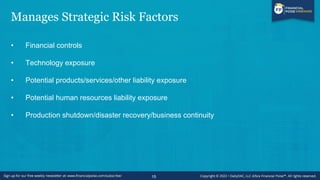 Manages Strategic Risk Factors
• Financial controls
• Technology exposure
• Potential products/services/other liability exposure
• Potential human resources liability exposure
• Production shutdown/disaster recovery/business continuity
15
 